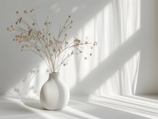 Sticker - Elegant White Vase with Delicate Floral Arrangement Against Serene Backdrop for Versatile Product Mockups