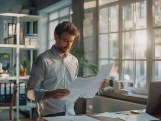 Poster - Businessperson Reviewing Financial Reports in Minimalist Office with Focused Determination