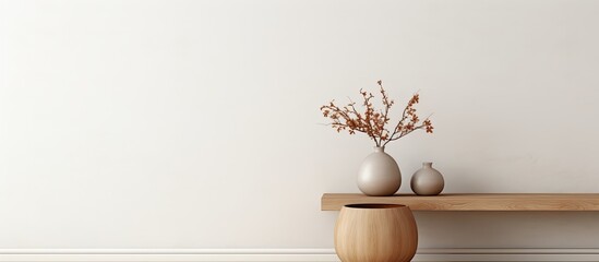 Wall Mural - Minimalistic living room interior featuring a wooden table and a round vase with decorative sprigs against a white wall creating a stylish ambiance with copy space image