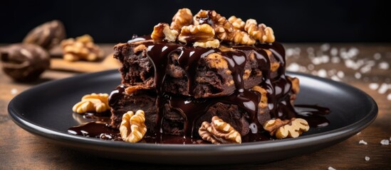 Wall Mural - Stack of chocolate walnut brownies with a gooey melted chocolate topping on a plate with copy space image