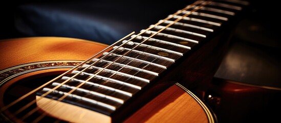 The part of an acoustic guitar that includes the fretboard and headstock with strings and copy space image