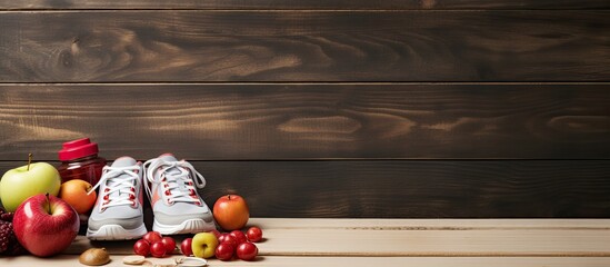 Poster - Fitness equipment and healthy food items like sneakers and water are displayed on a wooden background with ample copy space image