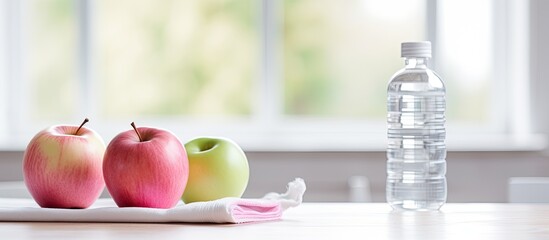 Sticker - On a white wooden table there is a composition including pink dumbbells a water bottle and a green apple all symbolizing a healthy lifestyle and sports with room for additional imagery