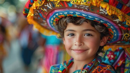 Wall Mural -  Vivid photo of a Mexican little boy in traditional attire, wearing a colorful sombrero