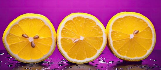 Abstract pop art image of three lemon fruit slices on an electric purple background with copy space image