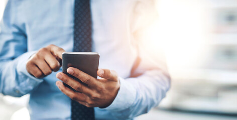 Aufkleber - Business, hands and man with cellphone, typing and connection with lens flare, social media and startup. Closeup, employee and accountant with smartphone, stock market and trading with digital app
