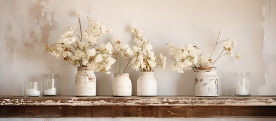 Home decor featuring white flowers candles and vases on a rustic wooden shelf against a shabby white wall with a copy space image