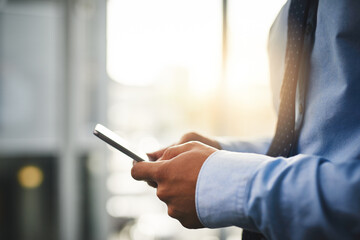 Aufkleber - Hands, business and man with phone in office for networking research, information and brainstorming project ideas. People, mobile and planning, schedule and review email for negotiation feedback