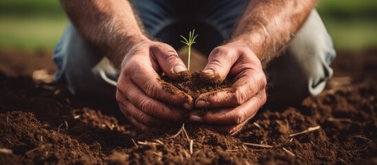 Poster - Close up of a farmer s hands holding soil in a field checking quality before sowing wheat Displays agriculture gardening or ecology concept with copy space image