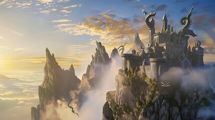 Fantasy castle with dragon sculptures, built into a mountainside, clouds swirling around, wide-angle shot, sunrise hues. 