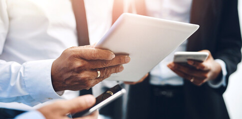 Fototapete - Business people, hands and technology with tablet, smartphone and internet with digital app. Teamwork, group and employees with cellphone, professional and connection with website info or cooperation