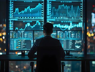 Poster - businessperson analyzing financial data dashboards in sleek office