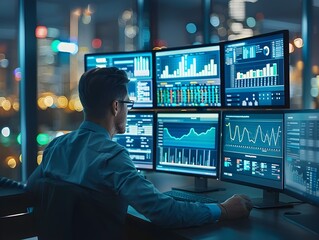 Poster - Businessperson Analyzing Financial Data and Reports on Multiple Screens in Office