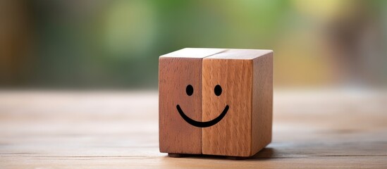 Wood cube with a smiling face image portrays service rating ranking customer reviews satisfaction and emotions with a copy space image