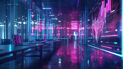 Poster - Futuristic Workspace Featuring Holographic Data Visualizations and Advanced Technology
