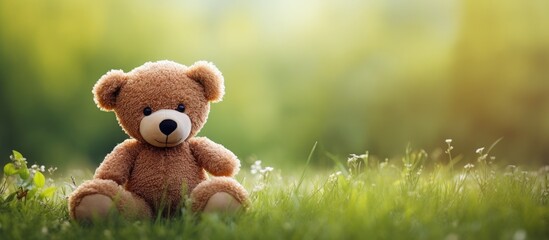 Brown teddy bear positioned on a lush grass field with copy space image