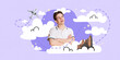 © Lustre Art Group  - Contemporary art collage. Excited man thinking about holidays surrounded fluffy clouds as dreams with planes and different cities. Concept of dreams, imagination, education, leisure, big future. Ad