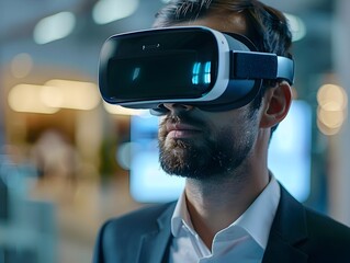 Poster - Businessman Using Virtual Reality Headset to Manage Digital Communication Systems in Futuristic Office Setting