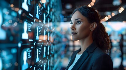 Poster - businesswoman leading virtual conference with holographic participants and digital communication lin