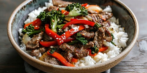 Wall Mural - Idea for a balanced dinner, white rice with fried vegetables and steak , jasmine rice , Asian cuisine , background , wallpaper.