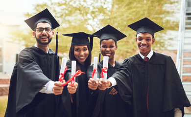 Poster - Graduation, friends and certificate portrait with university, education and school event with degree. Award ceremony, student and happy people with graduate and college group with diploma and smile