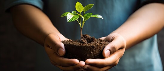 Sticker - Nurturing a green plant by hands emphasizing environmental care and ecology concept in a copy space image