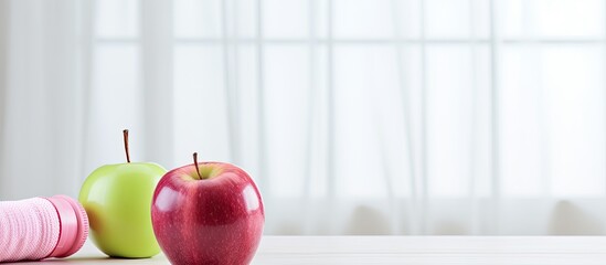 Sticker - On a white wooden table there is a composition including pink dumbbells a water bottle and a green apple all symbolizing a healthy lifestyle and sports with room for additional imagery