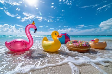 Sunny summer white sand beach with beach toys, sea and tropical island