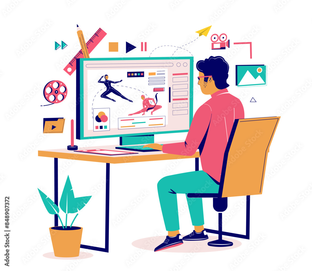 Computer For Animation. Design Animation designer at pc computer with video motion design on screen ...