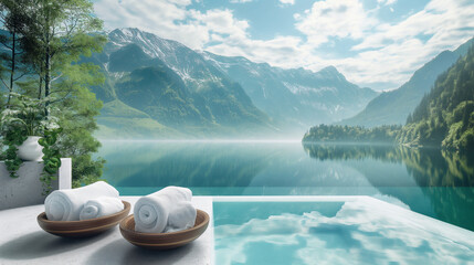Wall Mural - A serene and peaceful scene of a pool with mountains in the background