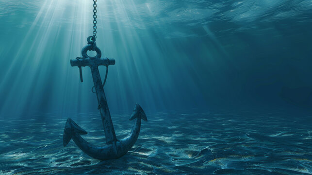 An abandoned, rusted anchor dangles just above the ocean floor, shrouded in the mystery of the deep, with soft light penetrating the water.