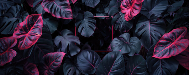 Wall Mural - Vibrant Neon Pink and Purple Tropical Leaves with Geometric Frame Design.