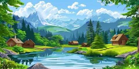 Poster - An idyllic mountain landscape featuring a tranquil river and lush greenery, perfect for camping and adventure.