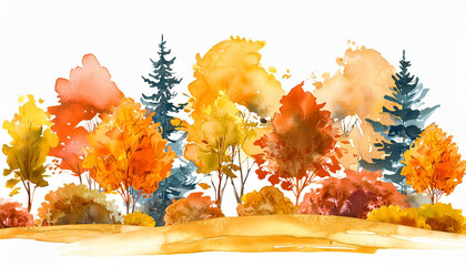 Wall Mural - Abstract watercolor painting of beautiful autumn forest on white background. Natural scenery