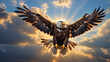 © faisal - An eagle is flying with its wings spread wide. The sun is shining on the eagle from behind. There are clouds in the background.