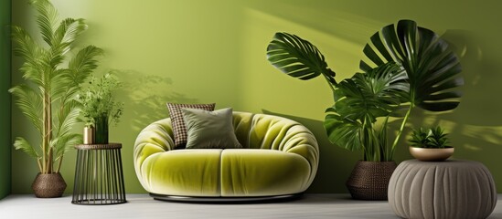 Poster - Living room with a bright ambiance featuring a sofa armchair pouf and lush green plants ideal for copy space images