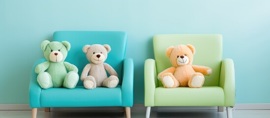 three adorable stuffed animal toys placed on chairs in the waiting room of a contemporary hospital o