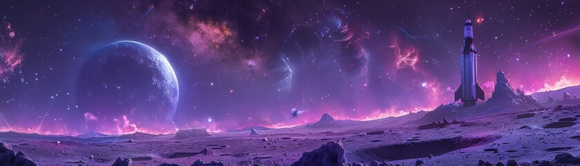 Wall Mural - A space scene with a large planet and a rocket