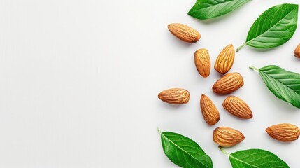 Wall Mural - Almonds with leaves on white background isolated top view with text space