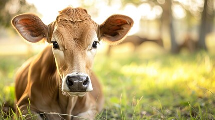 Innocent Jersey cow with large eyes in green pasture