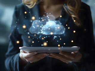 Poster - Businesswoman Accessing Cloud based Project Management Tools on Tablet Device