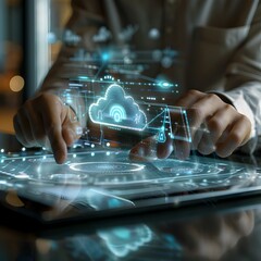Poster - Businessman Showcasing Cloud Computing Benefits Through Holographic Presentation