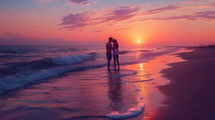 Canvas Print - Loving Couple Sharing Tender Sunset Kiss on Serene Beachshore