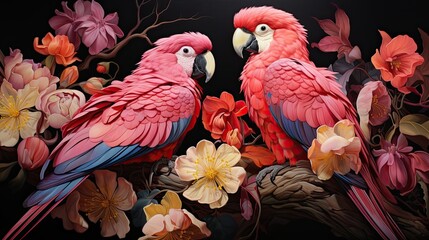 Wall Mural - tropical leaves greenery with green leaves and colorful parrot birds over black background