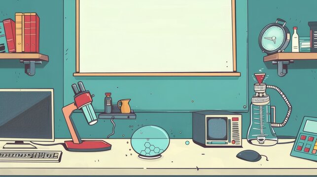 Simple blank template for animated background with outline of computer, book and test tube on one side. with copy space for text