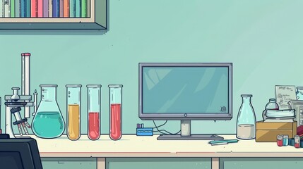 Fototapete - Simple blank template for animated background with outline of computer, book and test tube on one side. with copy space for text
