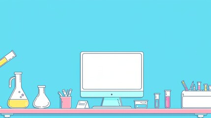 Fototapete - Simple blank template for animated background with outline of computer, book and test tube on one side. with copy space for text