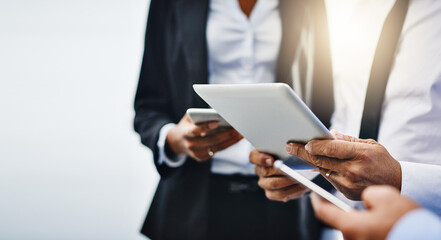 Fototapete - Business people, hands and technology with tablet, internet and cooperation with digital app. Teamwork, group and employees with mobile user, startup and connection with mockup space and social media