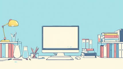 Fototapete - Simple blank template for animated background with outline of computer, book and test tube on one side. with copy space for text