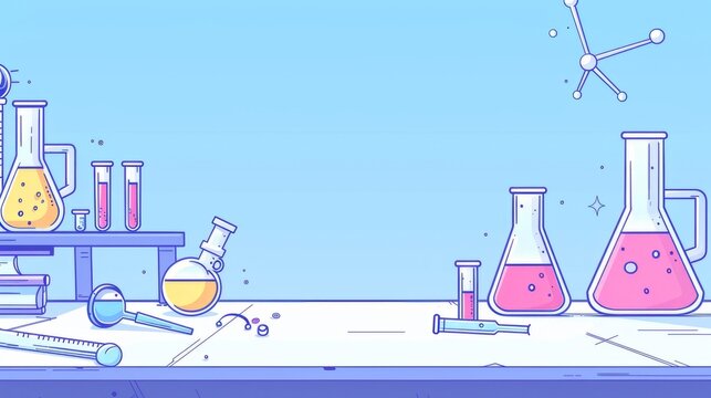 Simple blank template for animated background with outline of computer, book and test tube on one side. with copy space for text